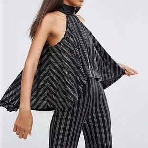 NaaNaa High Neck Layered Ruffle Crop Top In Glitter Stripe